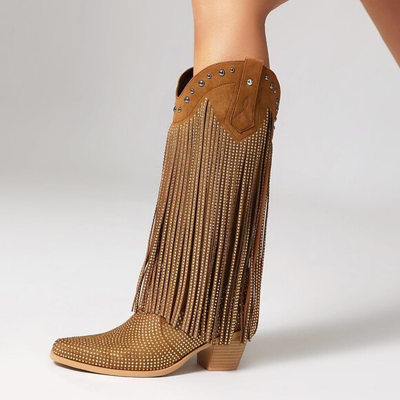 Black Rhinestone Fringe Cowgirl Boots Women Sparkly Western Pointed Toe Heel - Picture 5 of 6